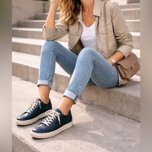 Born Blue Leather Low-Top Sneakers | Side Zip Comfort Shoes